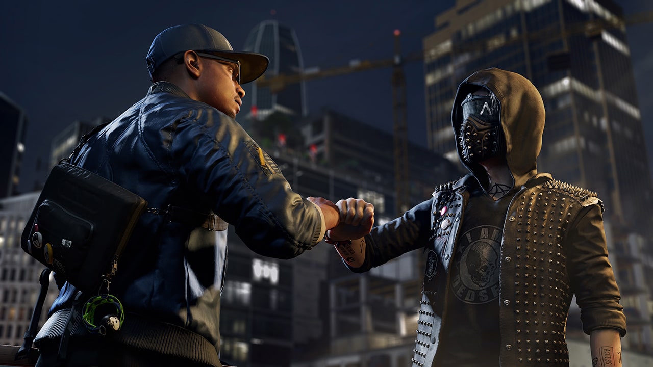 Marcus Holloway and Wrench bumping fists at night in front of a construction site