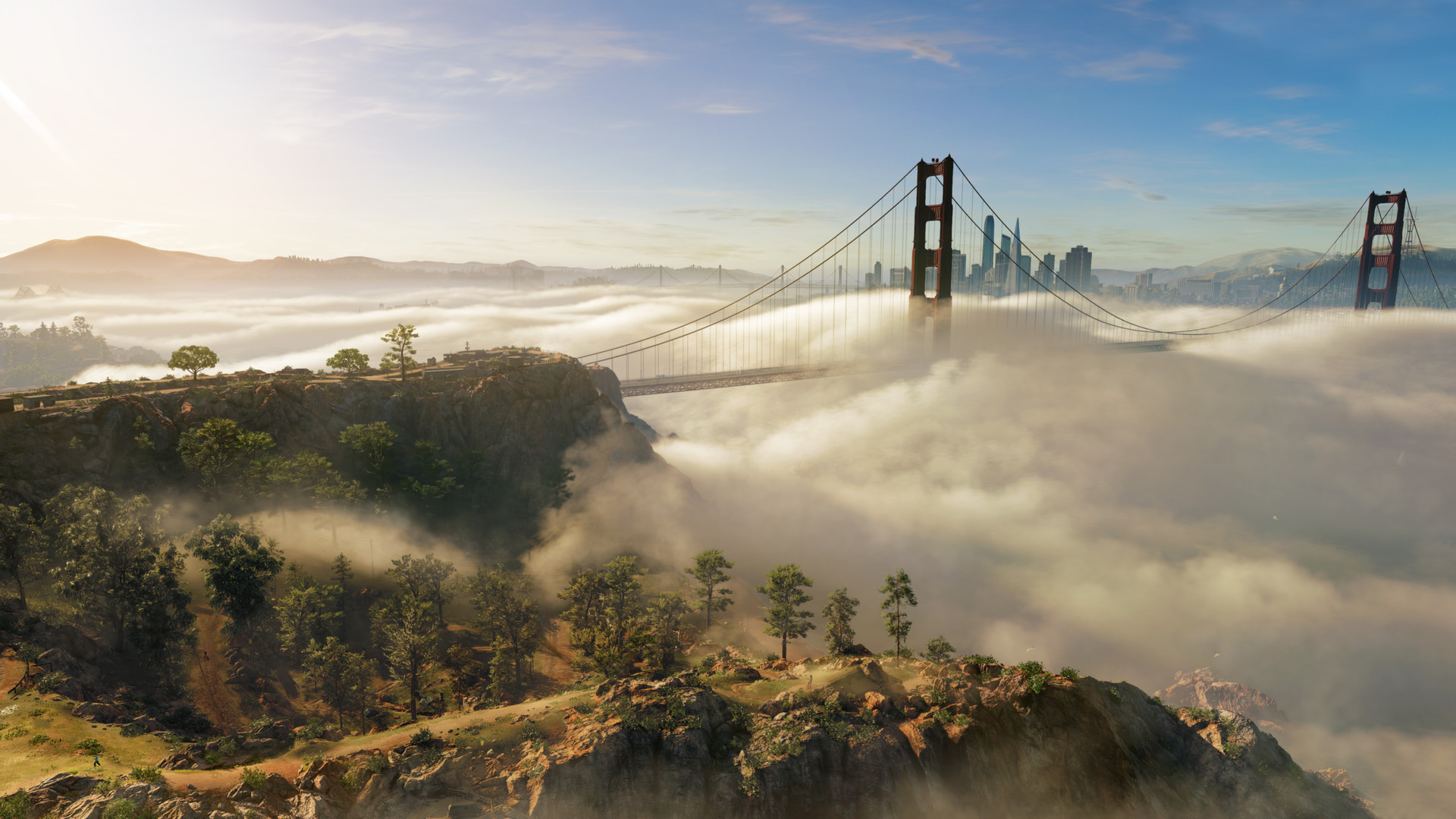 The Golden Gate Bridge emerging above a bank of fog on the Watch Dogs 2 map