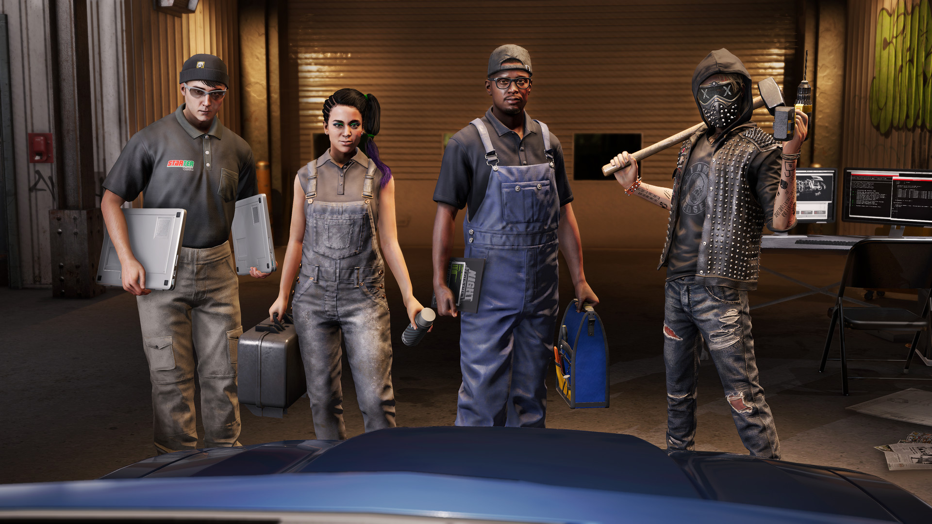 Marcus Holloway and three other DedSec members standing together in work overalls