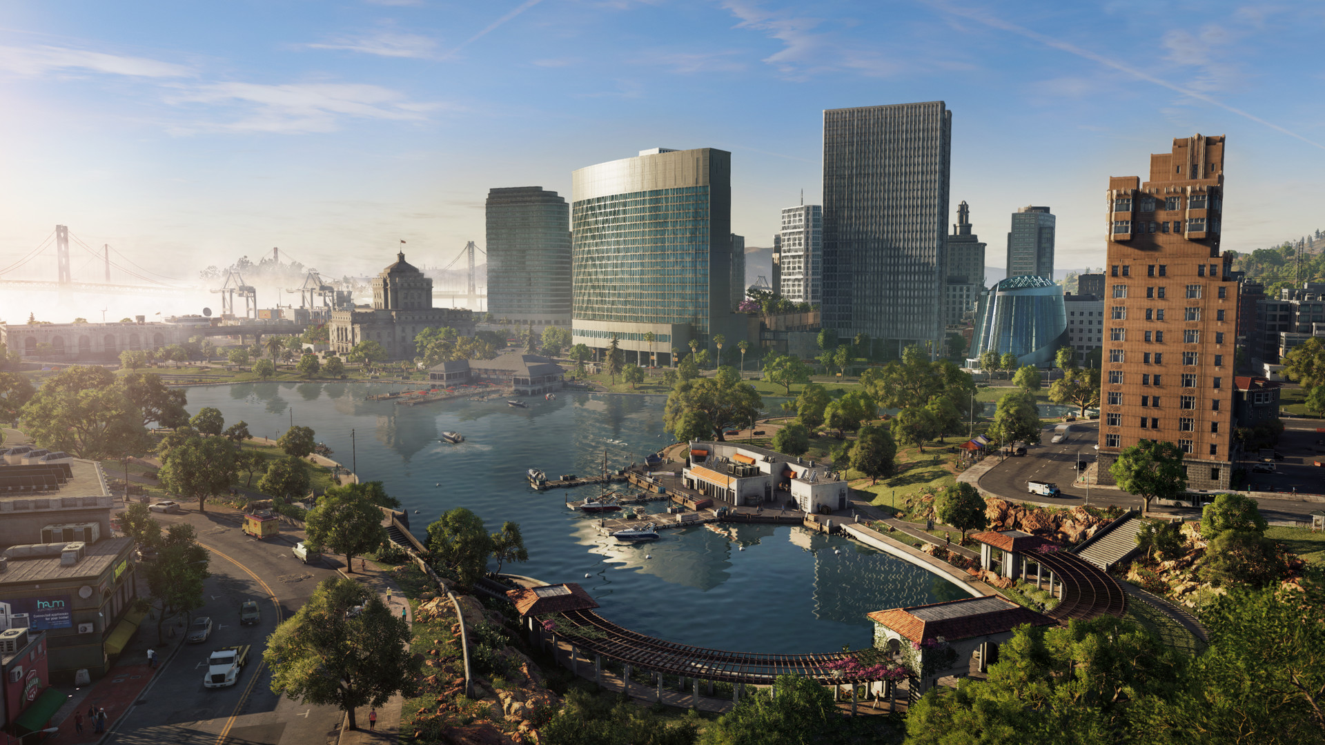 A wide view of the Watch Dogs 2 version of the San Francisco waterfront and downtown skyline