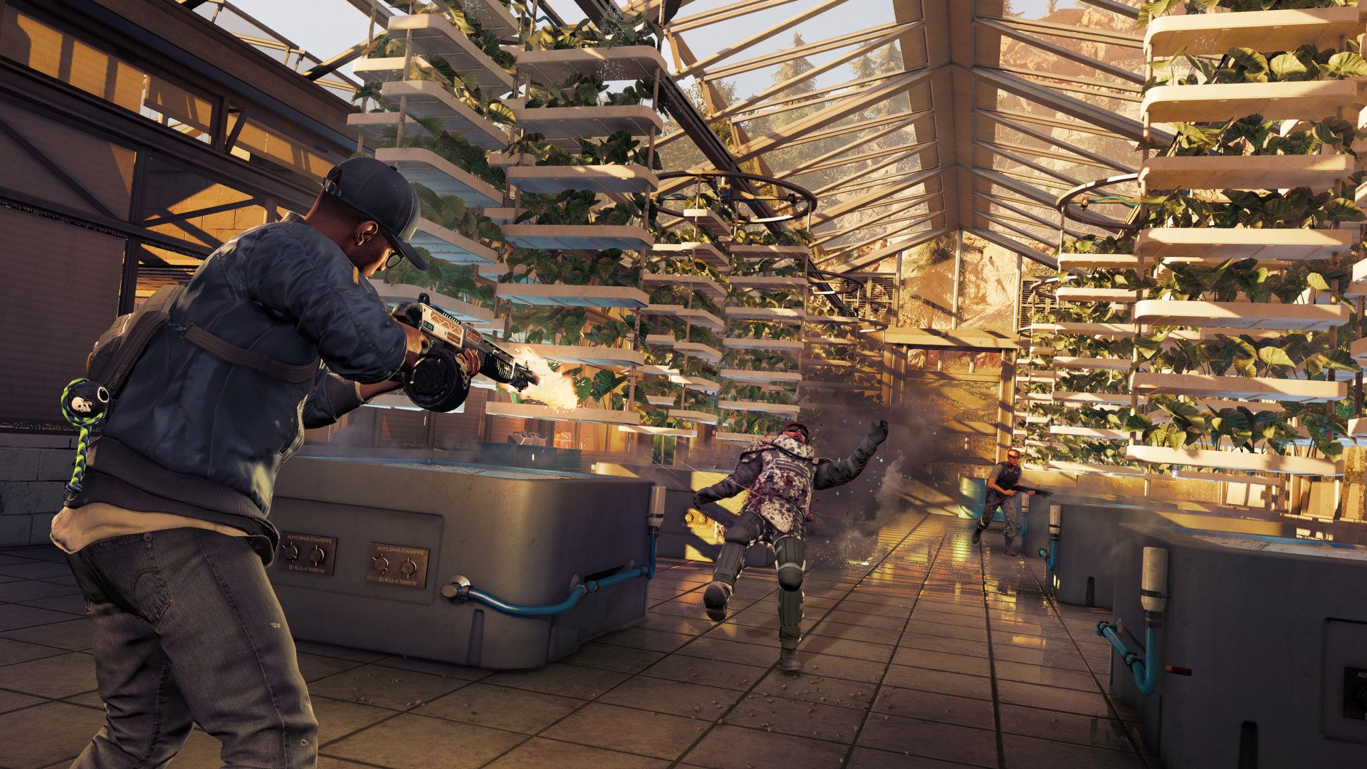 Marcus firing a 3D-printed weapon during a firefight inside a greenhouse facility