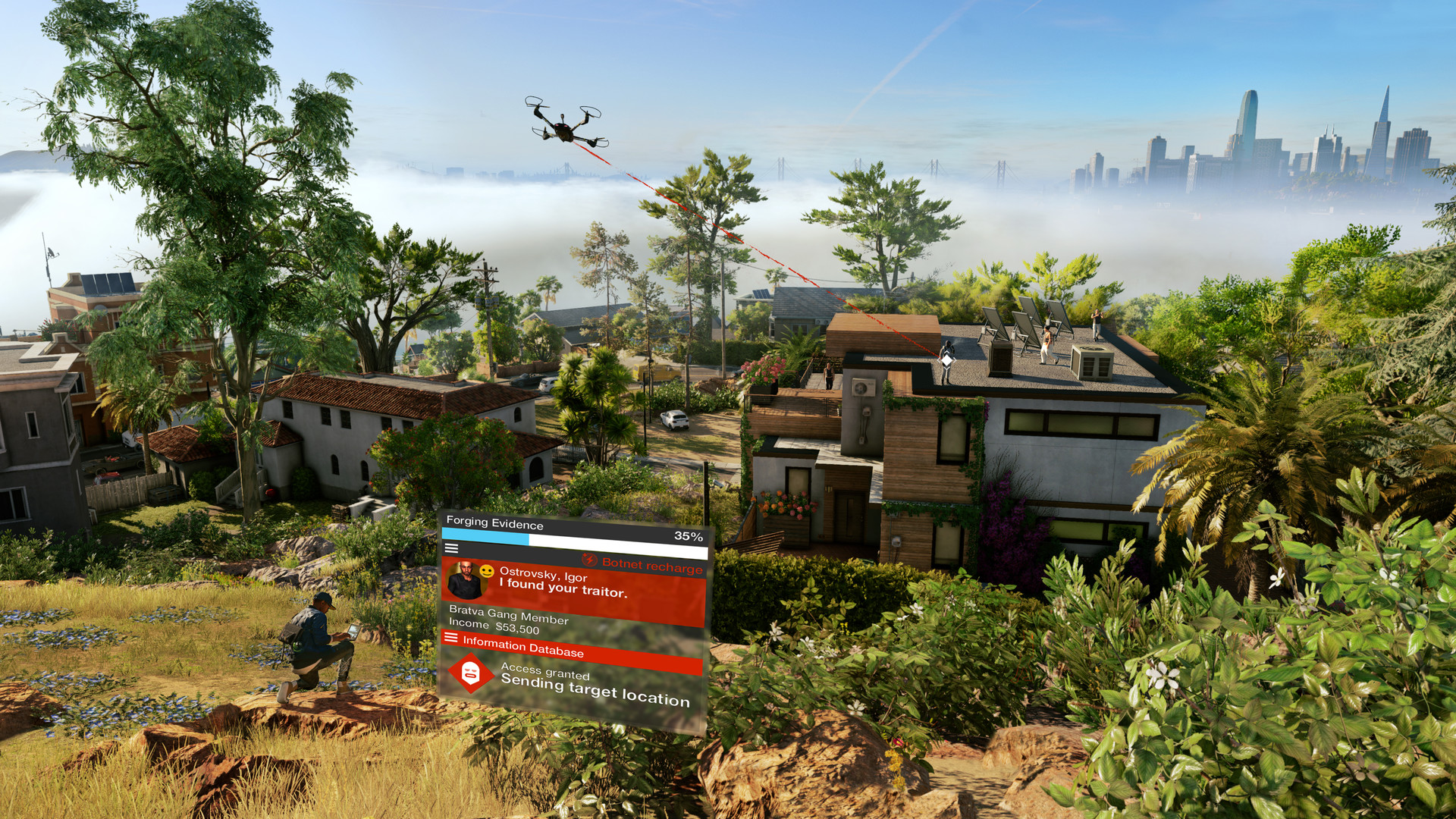 Marcus Holloway crouching on a hillside above San Francisco while a Quadcopter scouts the street below