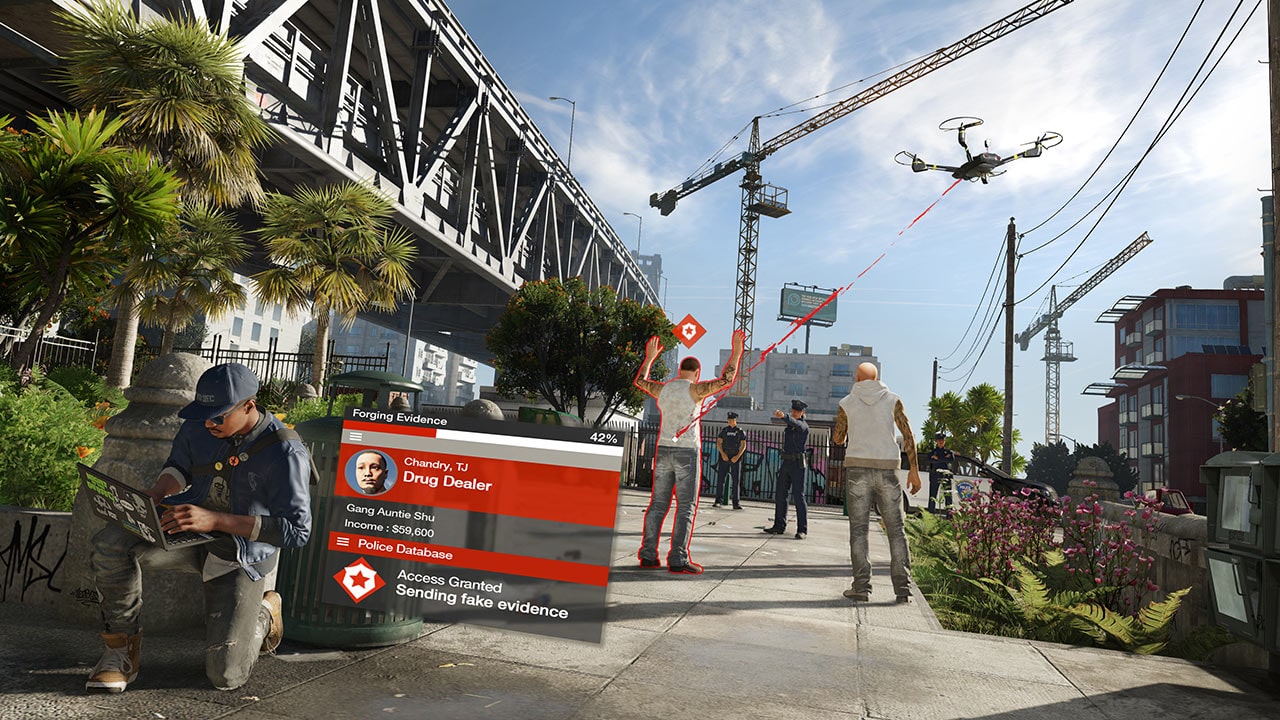 Marcus Holloway crouched behind cover while a Quadcopter marks a suspect on a San Francisco street
